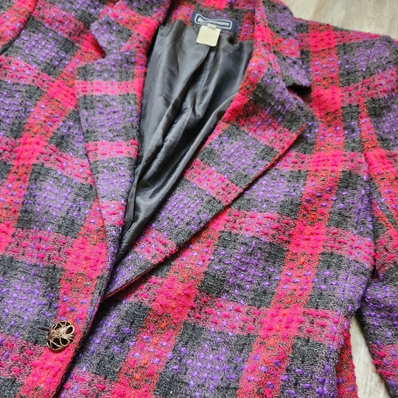 Vintage Requirements Wool Blend Lagenlook Plaid Blazer Tweed Red Purple Sz 10 - Picture 2 of 11